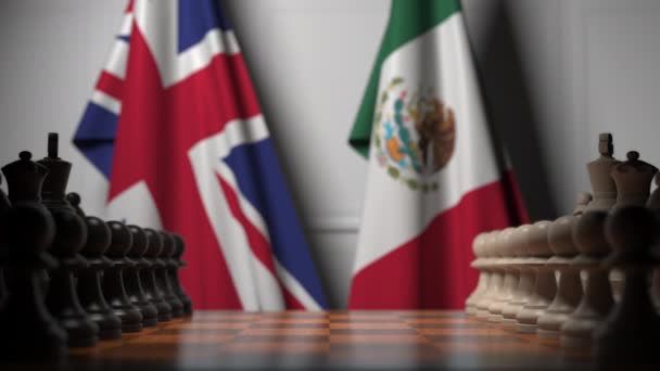 Partita a scacchi contro le bandiere di Gran Bretagna e Messico. Animazione 3D relativa al concorso politico — Video Stock