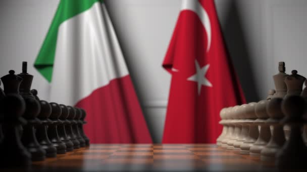 Sakkjátszma ellen zászlók Olaszország és Törökország. A politikai versengés kapcsolódó 3D animáció — Stock videók