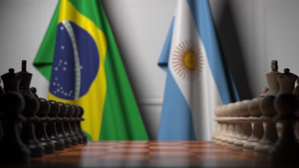 巴西和阿根廷国旗在棋盘上的棋子后面。国际象棋游戏或政治竞争相关3D动画 — 图库视频影像