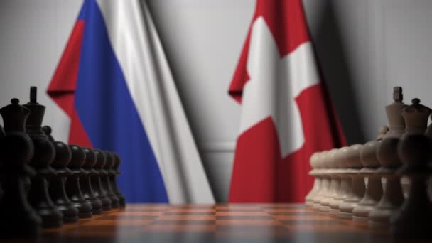 Šachová hra proti vlajkám Ruska a Švýcarska. Politická soutěž související s 3D animací — Stock video
