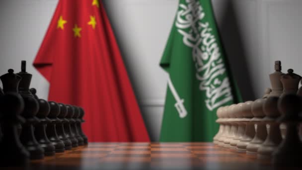 Juego de ajedrez contra banderas de China y Arabia Saudita. Competencia política relacionada con la animación 3D — Vídeos de Stock