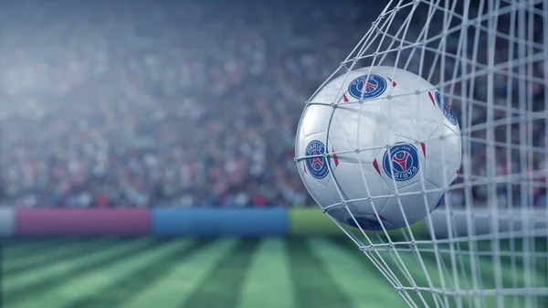 Značka pařížského fotbalového klubu Saint-Germain na plese v fotbalové síti. Redakční konceptuální prostorové vykreslování — Stock fotografie
