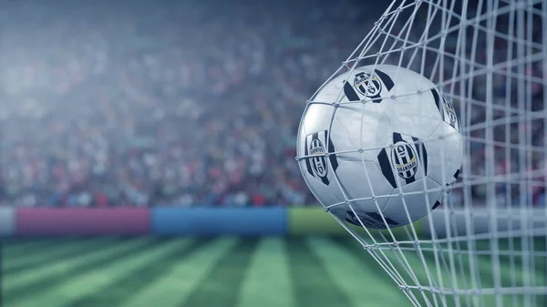 Juventus Klub piłkarski logo na piłkę w piłce nożnej. Redakcja koncepcyjna renderowania 3D — Zdjęcie stockowe