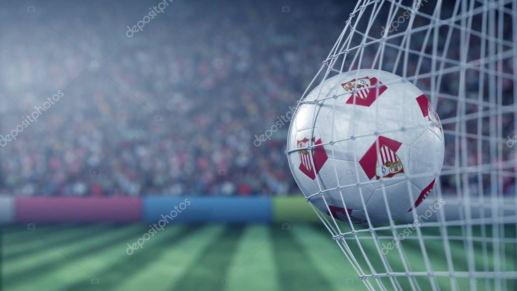 Football club logo on the football hitting goal net back. Editorial 3D