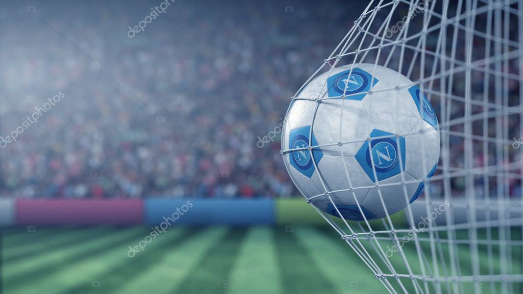 Football club logo on the football hitting goal net back. Editorial 3D