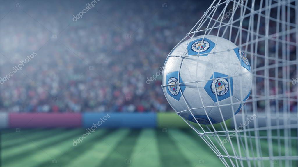 Football club logo on the football hitting goal net back. Editorial 3D