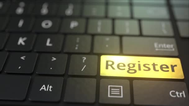 Черная клавиатура компьютера и золотой ключ регистра. Концептуальная 3D анимация — стоковое видео