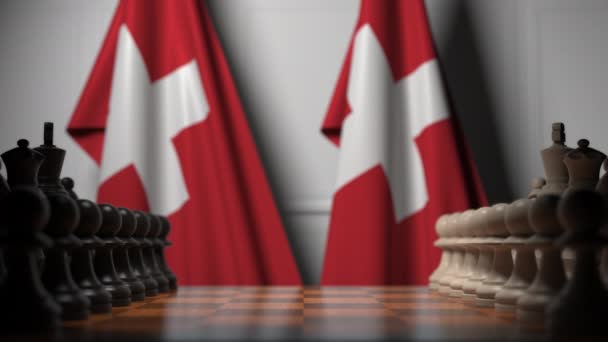 Jogo de xadrez contra bandeiras da Suíça. Animação 3D relacionada à competição política — Vídeo de Stock
