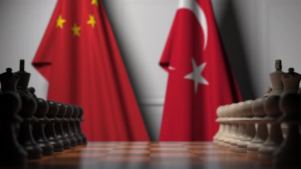 Chess game against flags of China and Turkey. Political competition related 3D animation — Stock Video