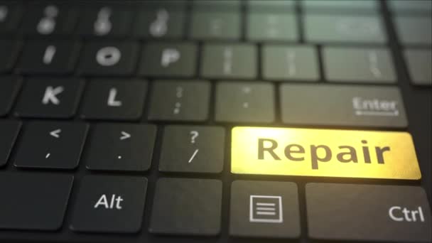 Черная клавиатура компьютера и золотой ключ для ремонта. Концептуальная 3D анимация — стоковое видео