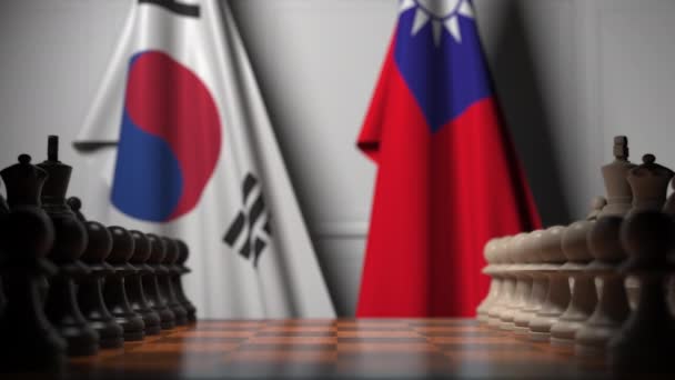 Juego de ajedrez contra banderas de Corea del Sur y Taiwán. Competencia política relacionada con la animación 3D — Vídeos de Stock