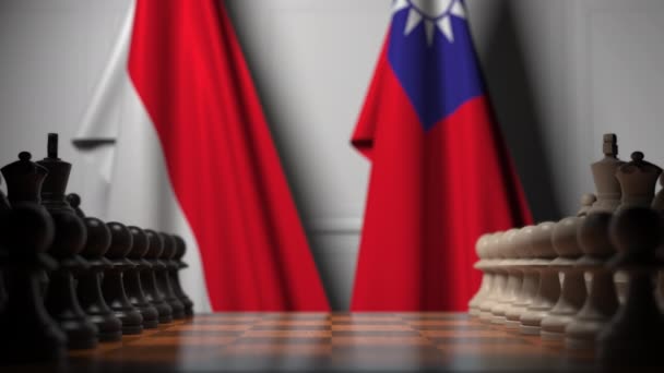Chess game against flags of Indonesia and Taiwan. Political competition related 3D animation — Stock Video