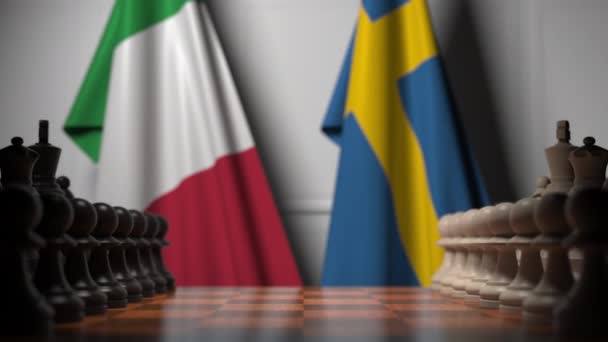 Vlajky Itálie a Švédska za pěšci na šachovnici. Šachová hra nebo politická — Stock video