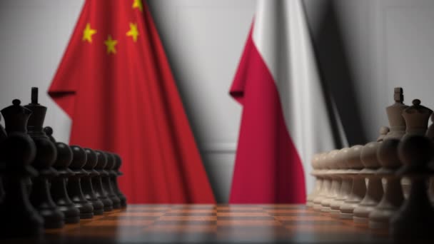 Sakk-játék ellen zászlók Kína és Lengyelország. A politikai versengés kapcsolódó 3D animáció — Stock videók