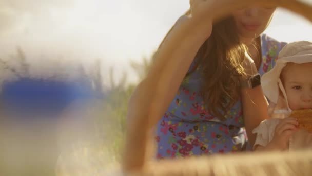 Piccola bambina e sua madre che fanno un picnic in una giornata estiva — Video Stock