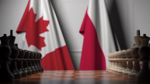 Bandeiras do Canadá e da Polônia atrás de peões no tabuleiro de xadrez. Jogo de xadrez ou rivalidade política relacionada com animação 3D — Vídeo de Stock