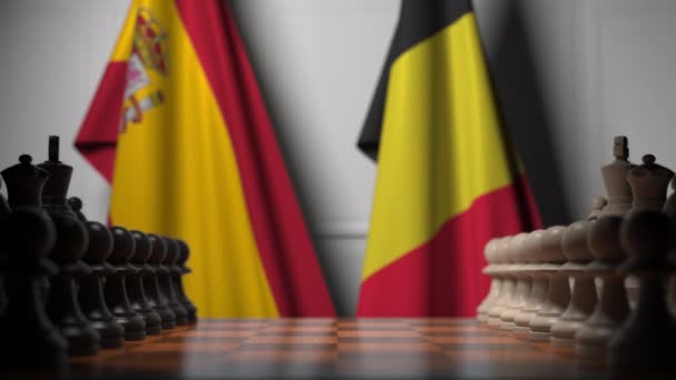 Banderas de España y Bélgica detrás de peones en el tablero de ajedrez. Juego de ajedrez o rivalidad política relacionada con la animación 3D — Vídeos de Stock