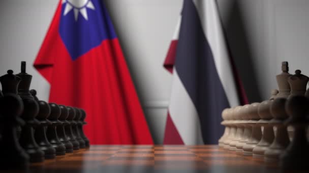 Zászlók Tajvan és Thaiföld mögött gyalog a sakktáblán. Sakk-játék vagy politikai rivalizálás 3D animáció — Stock videók