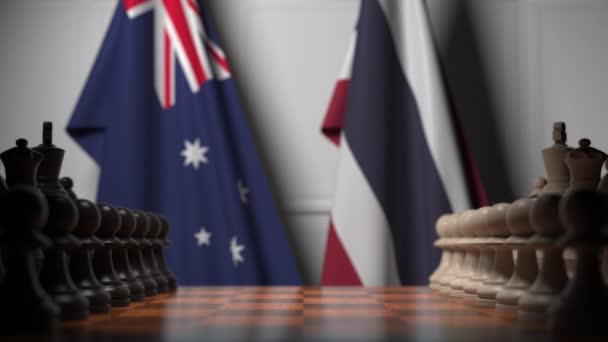 Banderas de Australia y Tailandia detrás de peones en el tablero de ajedrez. Juego de ajedrez o rivalidad política relacionada con la animación 3D — Vídeos de Stock