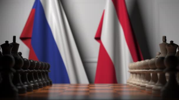 俄罗斯和奥地利国旗在棋盘上的棋子后面。国际象棋游戏或政治竞争相关3D动画 — 图库视频影像
