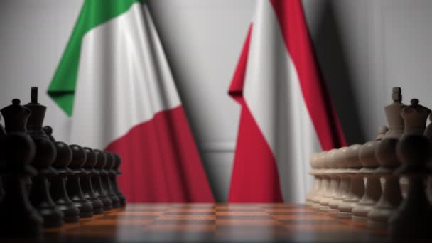 Bandiere d'Italia e Austria dietro pedine sulla scacchiera. Gioco di scacchi o rivalità politica relativi animazione 3D — Video Stock