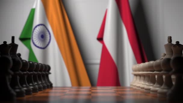 Banderas de la India y Austria detrás de peones en el tablero de ajedrez. Juego de ajedrez o rivalidad política relacionada con la animación 3D — Vídeos de Stock