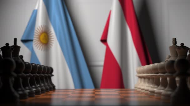 Flags of Argentina and Austria behind pawns on the chessboard. Chess game or political rivalry related 3D animation — Stock Video