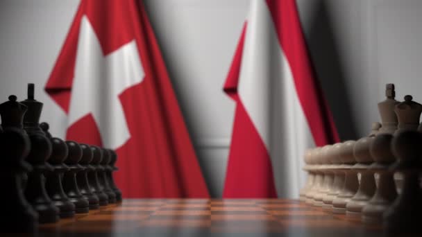 Banderas de Suiza y Austria detrás de peones en el tablero de ajedrez. Juego de ajedrez o rivalidad política relacionada con la animación 3D — Vídeos de Stock