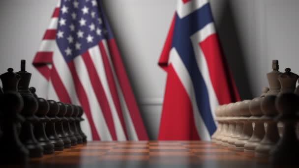 Banderas de EE.UU. y Noruega detrás de peones en el tablero de ajedrez. Juego de ajedrez o rivalidad política relacionada con la animación 3D — Vídeos de Stock