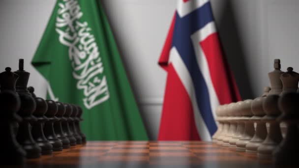 Flagi Arabii Saudyjskiej i Norwegii za pionki na szachu. Gra w szachy lub polityczna rywalizacja związana z animacją 3D — Wideo stockowe