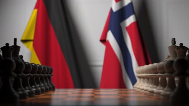 Banderas de Alemania y Noruega detrás de peones en el tablero de ajedrez. Juego de ajedrez o rivalidad política relacionada con la animación 3D — Vídeo de stock