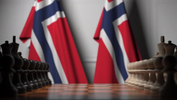 체스 판에 폰 뒤에 노르웨이의 깃발. 체스 게임 또는 정치적 경쟁 관련 3D 애니메이션 — 비디오