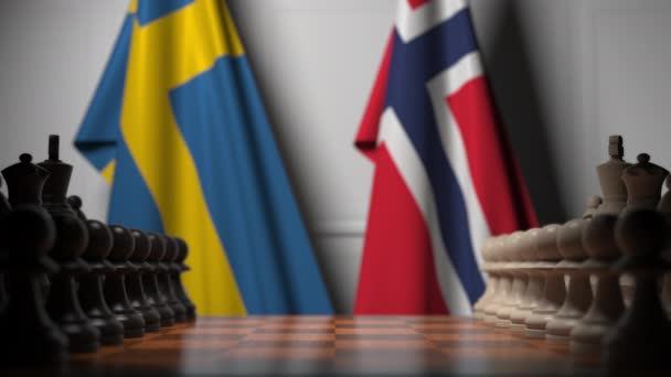 Bandeiras da Suécia e Noruega atrás de peões no tabuleiro de xadrez. Jogo de xadrez ou rivalidade política relacionada com animação 3D — Vídeo de Stock