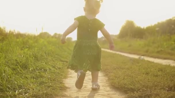 Pequena menina corre ao longo do caminho do campo rural em uma noite de verão ensolarada — Vídeo de Stock