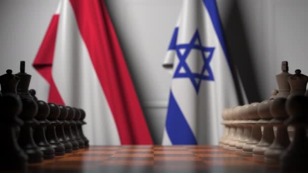 Vlaggen van Oostenrijk en Israël achter pionnen op het schaakbord. Schaakspel of politieke rivaliteit gerelateerde 3D-animatie — Stockvideo