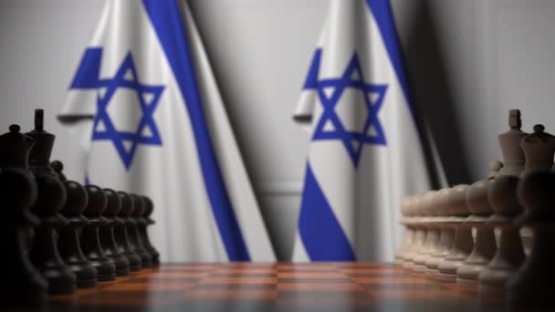 Banderas de Israel e Israel detrás de peones en el tablero de ajedrez. Juego de ajedrez o rivalidad política relacionada con la animación 3D — Vídeo de stock