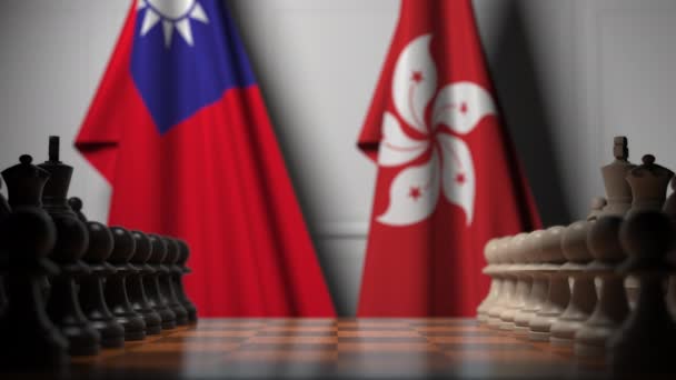 Bandiere della Thailandia e di Hong Kong dietro pedoni sulla scacchiera. Gioco di scacchi o rivalità politica relativi animazione 3D — Video Stock
