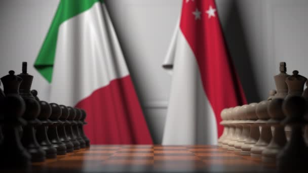 Flags of Italy and Singapore behind pawns on the chessboard. Chess game or political rivalry related 3D animation — Stock Video