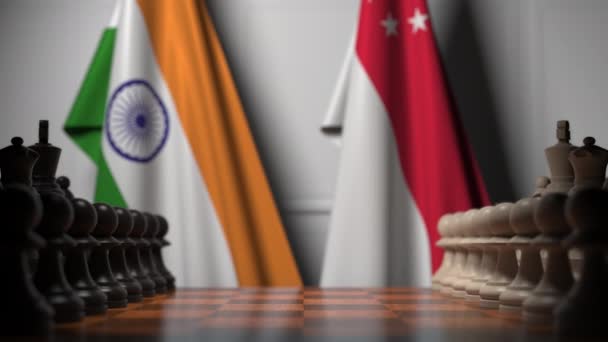 Banderas de la India y Singapur detrás de peones en el tablero de ajedrez. Juego de ajedrez o rivalidad política relacionada con la animación 3D — Vídeos de Stock