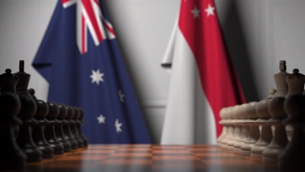 Banderas de Australia y Singapur detrás de peones en el tablero de ajedrez. Juego de ajedrez o rivalidad política relacionada con la animación 3D — Vídeo de stock