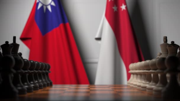 Drapeaux de Taiwan et Singapour derrière pions sur l'échiquier. Jeu d'échecs ou rivalité politique liée à l'animation 3D — Video