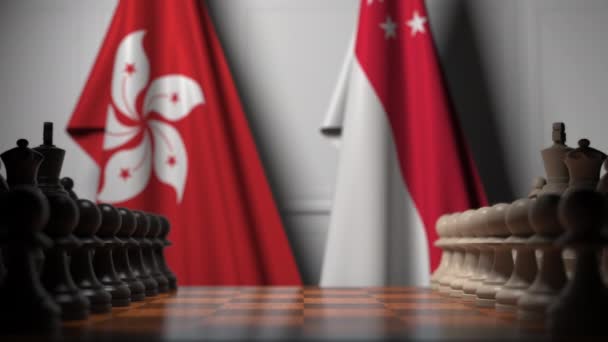 Flaggen von hong kong und singapore hinter Bauern auf dem Schachbrett. Schachspiel oder politische Rivalität im Zusammenhang mit 3D-Animation — Stockvideo