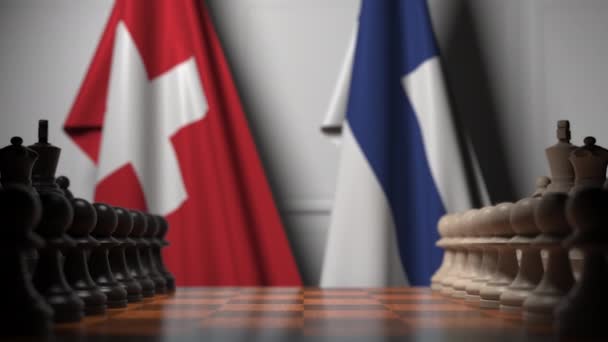 Banderas de Suiza y Finlandia detrás de peones en el tablero de ajedrez. Juego de ajedrez o rivalidad política relacionada con la animación 3D — Vídeos de Stock