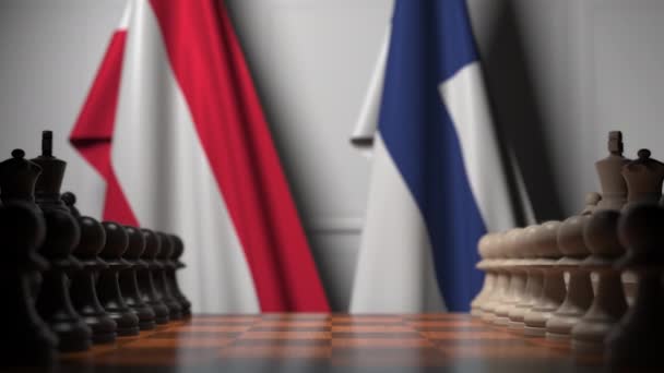 Satranç tahtasındaki piyonların arkasında Avusturya ve Finlandiya bayrakları. Satranç oyunu veya siyasi rekabet ile ilgili 3d animasyon — Stok video