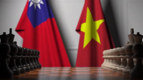 체스 판에 폰 뒤에 대만과 베트남의 국기. 체스 게임 또는 정치적 경쟁 관련 3D 애니메이션 — 비디오