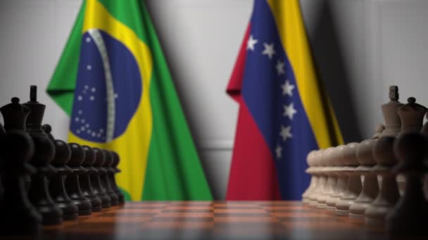 巴西和委内瑞拉的旗帜在棋盘上的棋子后面。国际象棋游戏或政治竞争相关3D动画 — 图库视频影像