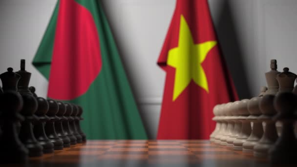 Flaggen von Bangladesh und Vietnam hinter Bauern auf dem Schachbrett. Schachspiel oder politische Rivalität im Zusammenhang mit 3D-Animation — Stockvideo