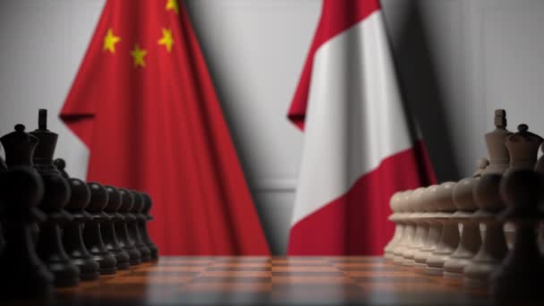 Banderas de China y Perú detrás de peones en el tablero de ajedrez. Juego de ajedrez o rivalidad política relacionada con la animación 3D — Vídeos de Stock