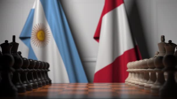 Banderas de Argentina y Perú detrás de peones en el tablero de ajedrez. Juego de ajedrez o rivalidad política relacionada con la animación 3D — Vídeos de Stock