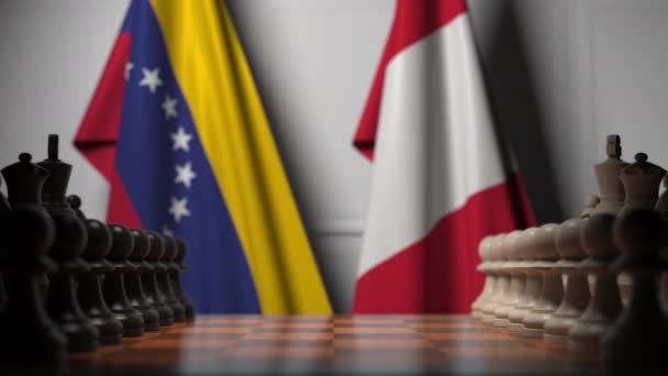 Flaggor i Venezuela och Peru bakom brickor på schackbrädet. Schack spel eller politisk rivalitet relaterade 3D-animering — Stockvideo